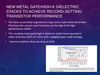 NEW METAL GATE/HIGH-K DIELECTRIC
STACKS TO ACHIEVE RECORD-SETTING
TRANSISTOR PERFORMANCE
• We have successfully engineered n-type and p-type metal electrodes
that have the correct work functions on the high-K for high-
performance CMOS.
• The resulting metal gate/high-K dielectric stacks have equivalent
oxide thickness (EOT) of 1.0nm with negligible gate oxide leakage,
• channel mobilities that are close to SiO2
 