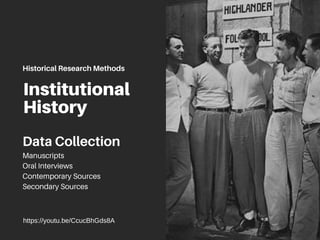 Institutional
History
Manuscripts
Oral Interviews
Contemporary Sources
Secondary Sources
Historical Research Methods
Data Collection
https://youtu.be/CcucBhGds8A
 