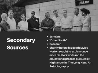 Secondary
Sources
Scholars
"Other South"
Research
Shortly before his death Myles
Horton sought to explain once
more his life’s work and the
educational process pursued at
Highlander in, The Long Haul: An
Autobiography.
 