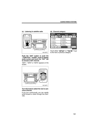 AUDIO/VIDEO SYSTEM




(c) Listening to satellite radio            (d) Channel category




                                                   U6082GS

                                            Touch either “A Type” or “Type "” to go
                                            to the next or previous category.

Push the “SAT” button or push the
“TUNE/FILE”/“AUDIO” knob to display
audio screen and touch the “SAT” tab
to choose a SAT channel.
“SAT1”, “SAT2” or “SAT3” appears on the
screen.




Turn this knob to select the next or pre-
vious channel.
If you turn continuously, you can rapidly
scroll forward or down through the chan-
nels.




                                                                             161
 