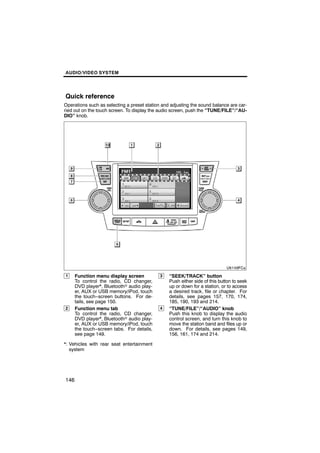 AUDIO/VIDEO SYSTEM




Quick reference
Operations such as selecting a preset station and adjusting the sound balance are car-
ried out on the touch screen. To display the audio screen, push the “TUNE/FILE”/“AU-
DIO” knob.




1     Function menu display screen           3   “SEEK/TRACK” button
      To control the radio, CD changer,          Push either side of this button to seek
      DVD player*, Bluetoothr audio play-        up or down for a station, or to access
      er, AUX or USB memory/iPod, touch          a desired track, file or chapter. For
      the touch−screen buttons. For de-          details, see pages 157, 170, 174,
      tails, see page 150.                       185, 190, 193 and 214.
2     Function menu tab                      4   “TUNE/FILE”/“AUDIO” knob
      To control the radio, CD changer,          Push this knob to display the audio
      DVD player*, Bluetoothr audio play-        control screen, and turn this knob to
      er, AUX or USB memory/iPod, touch          move the station band and files up or
      the touch−screen tabs. For details,        down. For details, see pages 149,
      see page 149.                              156, 161, 174 and 214.

*: Vehicles with rear seat entertainment
   system




146
 