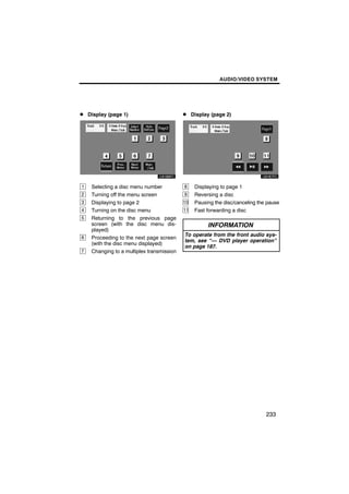 AUDIO/VIDEO SYSTEM




D Display (page 1)                         D Display (page 2)




1   Selecting a disc menu number           8    Displaying to page 1
2   Turning off the menu screen            9    Reversing a disc
3   Displaying to page 2                   10   Pausing the disc/canceling the pause
4   Turning on the disc menu               11   Fast forwarding a disc
5   Returning to the previous page
    screen (with the disc menu dis-                  INFORMATION
    played)
                                           To operate from the front audio sys-
6   Proceeding to the next page screen
                                           tem, see “— DVD player operation”
    (with the disc menu displayed)
                                           on page 187.
7   Changing to a multiplex transmission




                                                                              233
 
