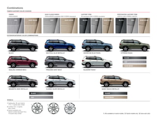 Combinations
FABRIC/LEATHER COLOR CHOICES

  FABRIC                                        EASY-CLEAN FABRIC                              LEATHER TRIM                                            PERFORATED LEATHER TRIM
  HIGHLANDER                                    HIGHLANDER (available) AND HYBRID (standard)   SE (standard) AND HYBRID (available)                    LIMITED AND HYBRID LIMITED

           ASH                     SAND BEIGE          ASH                    SAND BEIGE         BLACK              ASH          SAND BEIGE              BLACK                ASH           SAND BEIGE




EXTERIOR/INTERIOR COLOR COMBINATIONS




  BLACK                                          NAUTICAL BLUE METALLIC1                          SHORELINE BLUE PEARL                                       CYPRESS PEARL1


                                                                                                                                                                  BLACK

                                                                                                                                                                  ASH

                                                                                                                                                                  SAND BEIGE

  SIZZLING CRIMSON MICA                          PREDAWN GRAY MICA2                               BLIZZARD PEARL3




  MAGNETIC GRAY METALLIC1                        CLASSIC SILVER METALLIC                                                      SANDY BEACH METALLIC1


                                     BLACK                                                                                            BLACK

                                     ASH                                                                                              SAND BEIGE
WHEELS

1 Highlander, SE and Hybrid
  17-in. 7-spoke alloy wheel          1            2                      3
2 Limited 19-in. 5-spoke
  alloy wheel
3 Hybrid available and
  Hybrid Limited standard 19-in.
  10-spoke alloy wheel                                                                                                          1. Not available on hybrid models. 2. Hybrid models only. 3. Extra-cost color.
 