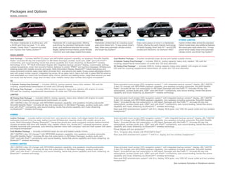 Packages and Options
MODEL CHOICES




HIGHLANDER                                       SE                                                     LIMITED                                            HYBRID                                           HYBRID LIMITED
The basic Highlander is anything but, with       Highlander SE is well-appointed, offering              Highlander Limited has it all, including wood-     Enjoy extra peace of mind in a Highlander        Hybrid Limited offers all that the standard
a 50/50 split third-row seat, 17-in. alloy       everything the standard Highlander model               grain-style interior trim, 10-way power driver’s   Hybrid, offering the earth-friendly technology   Hybrid model does, plus additional features
wheels, Center Stow™ second-row seat             does, plus additional features like power              seat, three-zone automatic climate control,        of Hybrid Synergy Drive® with EV1, 2 and ECON    like wood-grain-style interior trim, 10-way
and Toyota’s Star Safety System.   ™             liftgate, leather-trimmed interior, power tilt/slide   and Smart Key System.     21                       modes and Electronic On-Demand 4WD.5             power driver’s seat, three-zone automatic
                                                 moonroof and multi-stage heated front seats.                                                                                                               climate control, and Smart Key System.   21


HIGHLANDER
Tech Package — includes AM/FM CD player with MP3/WMA playback capability, six speakers, SiriusXM Satellite                     Cold Weather Package — includes windshield wiper de-icer and heated outside mirrors
Radio11 (includes 90-day trial subscription to XM Select Package), auxiliary audio jack, USB12 port with iPod®13               4-Cylinder Towing Prep Package7 — includes 3500-lb. towing capacity, heavy-duty radiator, 160-watt fan
connectivity, auto sound leveling, hands-free phone capability and music streaming via Bluetooth®14 wireless                   coupling, supplemental transmission oil cooler and 150-amp alternator
technology; 3.5-in. TFT Multi-Information Display with integrated backup camera16 display, customizable settings,
outside temperature, clock, fuel economy history, distance to empty, TPMS18 and warning messages; tilt/telescopic              V6 Towing Prep Package7 — includes 5000-lb. towing capacity, heavy-duty radiator with engine oil cooler,
steering wheel with metallic accents and audio, Multi-Information Display, Bluetooth®14 hands-free phone and                   200-watt fan coupling, supplemental transmission oil cooler and 150-amp alternator
voice-command controls; easy-clean fabric-trimmed front- and second-row seats, 8-way power-adjustable driver’s
seat with power lumbar support, integrated fog lamps, lift-up glass hatch, black roof rails, in-glass AM/FM antenna,
dual extendable sun visors with illuminated vanity mirrors, second-row reading lamps, cargo area second-row-seat
one-touch fold-flat levers, cargo area tonneau cover, metallic interior door handles and engine immobilizer32
SE
4-Cylinder Towing Prep Package7 — includes 3500-lb. towing capacity, heavy-duty radiator, 160-watt fan                         Voice-activated touch-screen DVD navigation system4, 15 with integrated backup camera16 display, JBL® AM/FM
coupling, supplemental transmission oil cooler and 150-amp alternator                                                          4-disc CD changer with MP3/WMA playback capability, nine speakers including subwoofer, SiriusXM Satellite
V6 Towing Prep Package7 — includes 5000-lb. towing capacity, heavy-duty radiator with engine oil cooler,                       Radio11 (includes 90-day trial subscription to XM Select Package) with NavTraffic™11 (includes 90-day trial
200-watt fan coupling, supplemental transmission oil cooler and 150-amp alternator                                             subscription), auxiliary audio jack, USB12 port with iPod®13 connectivity, auto sound leveling, hands-free phone
                                                                                                                               capability and music streaming via Bluetooth®14 wireless technology
LIMITED
V6 Towing Prep Package7 — includes 5000-lb. towing capacity, heavy-duty radiator with engine oil cooler,                       Voice-activated touch-screen DVD navigation system15 with integrated backup camera16 display, JBL® AM/FM
200-watt fan coupling and supplemental transmission oil cooler                                                                 4-disc CD changer with MP3/WMA playback capability, nine speakers including subwoofer, SiriusXM Satellite
JBL® AM/FM 6-disc CD changer with MP3/WMA playback capability, nine speakers including subwoofer,                              Radio11 (includes 90-day trial subscription to XM Select Package) with NavTraffic™11 (includes 90-day trial
SiriusXM Satellite Radio11 (includes 90-day trial subscription to XM Select Package), auxiliary audio jack, USB12              subscription), auxiliary audio jack, USB12 port with iPod®13 connectivity, auto sound leveling, hands-free phone
port with iPod®13 connectivity, auto sound leveling, hands-free phone capability and music streaming                           capability and music streaming via Bluetooth®14 wireless technology
via Bluetooth®14 wireless technology                                                                                           Rear-seat DVD entertainment system20 with 9-in. display, RCA jacks, one 120V AC power outlet and two wireless
                                                                                                                               headphones19
HYBRID
Leather Package — includes leather-trimmed front- and second-row seats, multi-stage heated front seats,                        Voice-activated touch-screen DVD navigation system10, 15 with integrated backup camera16 display, JBL® AM/FM
leatherette-trimmed third-row seat, leather-trimmed tilt/telescopic steering wheel with metallic accents and                   4-disc CD changer with MP3/WMA playback capability, nine speakers including subwoofer, SiriusXM Satellite
audio, Multi-Information Display, Bluetooth®14 hands-free phone and voice-command controls; leather-trimmed                    Radio11 (includes 90-day trial subscription to XM Select Package) with NavTraffic™11 (includes 90-day trial
chrome-accented shift lever with metallic inlay, metallic interior trim, HomeLink®23 universal transceiver, power              subscription), auxiliary audio jack, USB12 port with iPod®13 connectivity, auto sound leveling, hands-free phone
tilt/slide moonroof with sunshade, auto-dimming rearview mirror with compass,22 and anti-theft system with alarm               capability and music streaming via Bluetooth®14 wireless technology
and engine immobilizer32                                                                                                       Power liftgate with jam protection10
Cold Weather Package — includes windshield wiper de-icer and heated outside mirrors                                            19-in. 10-spoke alloy wheels with P245/55R19 tires10
JBL® AM/FM 6-disc CD changer10 with MP3/WMA playback capability, nine speakers including subwoofer,                            Rear-seat DVD entertainment system10, 20 with 9-in. display and two wireless headphones19
SiriusXM Satellite Radio11 (includes 90-day trial subscription to XM Select Package), auxiliary audio jack,
USB12 port with iPod®13 connectivity, auto sound leveling, hands-free phone capability and music streaming via
Bluetooth®14 wireless technology
HYBRID LIMITED
JBL® AM/FM 6-disc CD changer with MP3/WMA playback capability, nine speakers including subwoofer,                              Voice-activated touch-screen DVD navigation system15 with integrated backup camera16 display, JBL® AM/FM
SiriusXM Satellite Radio11 (includes 90-day trial subscription to XM Select Package), auxiliary audio jack,                    4-disc CD changer with MP3/WMA playback capability, nine speakers including subwoofer, SiriusXM Satellite
USB12 port with iPod®13 connectivity, auto sound leveling, hands-free phone capability and music streaming via                 Radio11 (includes 90-day trial subscription to XM Select Package) with NavTraffic™11 (includes 90-day trial
Bluetooth®14 wireless technology                                                                                               subscription), auxiliary audio jack, USB12 port with iPod®13 connectivity, auto sound leveling, hands-free phone
                                                                                                                               capability and music streaming via Bluetooth®14 wireless technology
                                                                                                                               Rear-seat DVD entertainment system20 with 9-in. display, RCA jacks, one 120V AC power outlet and two wireless
                                                                                                                               headphones19
                                                                                                                                                                                                    See numbered footnotes in Disclaimers section.
 