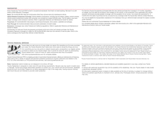 WARRANTIES
Every Toyota Car, Truck and SUV is built to exceptional standards. And that’s not idle boasting. We back it up with              For Genuine Toyota Accessories purchased after the new vehicle purchase the coverage is 12 months, regardless
these Limited Warranty Coverages:                                                                                                of mileage, from the date the accessory was installed on the vehicle, or the remainder of any applicable new vehicle
Basic: 36 months/36,000 miles (all components other than normal wear and maintenance items).                                     warranty, whichever provides greater coverage, with the exception of car covers. Car covers are warranted for 12
                                                                                                                                 months from the date of purchase and do not assume any coverage under the Toyota New Vehicle Limited Warranty.
Hybrid-Related Component Coverage: Hybrid-related components, including the HV battery, battery control module,
hybrid control module and inverter with converter, are covered for 8 years/100,000 miles. The HV battery may have                You may be eligible for transportation assistance if it’s necessary that your vehicle be kept overnight for repairs covered
longer coverage under emissions warranty. Refer to applicable Warranty and Maintenance Guide for details.                        under warranty.
Powertrain: 60 months/60,000 miles (engine, transmission/transaxle, drive system, seatbelts and airbags).                        Please see your authorized Toyota dealership for further details.
Rust-Through: 60 months/unlimited miles (corrosion perforation of sheet metal).                                                  For complete details about Toyota’s warranties, please visit www.toyota.com, refer to the applicable Warranty and
                                                                                                                                 Maintenance Guide or see your Toyota dealer.
Emissions: Coverages vary under Federal and California regulations. Refer to applicable Warranty and Maintenance
Guide for details.
Accessories: For Genuine Toyota Accessories purchased at the time of the new vehicle purchase, the Toyota
Accessory Warranty coverage is in effect for 36 months/36,000 miles from the vehicle’s in-service date, which is the
same coverage as the Toyota New Vehicle Limited Warranty.




TOYOTA FINANCIAL SERVICES
                         Toyota helps you get more out of every dollar you spend. By rewarding you for every purchase            *On approved credit. You must have a valid permanent home address in the 50 United States or the District of Columbia. Terms,
                         you make, the Toyota Rewards Visa® adds even more value to doing the things you love.                   conditions and restrictions apply and are fully described in the Toyota Rewards Visa Cardmember Agreement and the Toyota
                                                                                                                                 Rewards Program Terms and Conditions received with your card. Points earned are based on net purchases. Points-earning
                         Turn everything you buy into points to redeem toward parts, accessories or an eligible vehicle          maximums apply and points will expire as described in the Rewards Terms and Conditions. Redemption only available at
                         purchase or lease at your Toyota dealer. Earn 5 points for every $1 spent at participating              participating Toyota dealerships in the continental U.S. and Alaska. Points cannot be redeemed for cash. Please contact your
                         Toyota dealers and 1 point for every $1 spent everywhere else Visa is accepted.  *                      participating Toyota dealer for information regarding restrictions your dealer may impose on the use of credit cards related
 Toyota Rewards Visa®    Visit www.toyotarewardsvisa.com for complete details.                                                   to vehicle purchases or leases. The creditor and issuer of the Toyota Rewards Visa is Toyota Financial Savings Bank. Toyota
                                                                                                                                 Financial Se rvices is a service mark used by Toyota Financial Savings Bank.
Toyota Financial Services (TFS)† is a leading provider of automotive ﬁnancial services, offering an extensive line of ﬁnancing
plans along with a variety of vehicle and payment protection products to Toyota customers and dealers in the                     †Toyota   Financial Services is a service mark for Toyota Motor Credit Corporation and Toyota Motor Insurance Services, Inc.
U.S. For more information on TFS products and services, visit www.toyotaﬁnancial.com

Note: Highlander hybrid models are not designed to be driven off-road.                                                           For details on vehicle specifications, standard features and available equipment in your area, contact your Toyota
Toyota Highlander is designed to meet most off-road driving requirements. Abusive use may result in bodily harm                  dealer.
or damage. Toyota encourages responsible operation to protect you, your vehicle and the environment. Seatbelts                   A vehicle with particular equipment may not be available at the dealership. Ask your Toyota dealer to help locate
should be worn at all times. Please do not allow passengers to ride in the cargo area. Towing receiver hitches/                  a specifically equipped vehicle.
ball mount kits are not intended to provide crash protection.                                                                    All information presented herein is based on data available at the time of printing, is subject to change without
                                                                                                                                 notice and pertains specifically to mainland U.S.A. vehicles only. Prototypes shown. Actual production vehicles
                                                                                                                                 may vary.
 