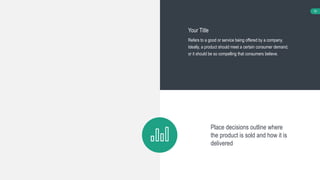 19
Refers to a good or service being offered by a company.
Ideally, a product should meet a certain consumer demand,
or it should be so compelling that consumers believe.
Your Title
Place decisions outline where
the product is sold and how it is
delivered
 