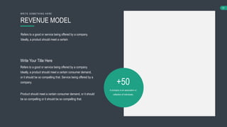 37
Refers to a good or service being offered by a company.
Ideally, a product should meet a certain consumer demand,
or it should be so compelling that. Service being offered by a
company.
Product should meet a certain consumer demand, or it should
be so compelling or it should be so compelling that.
Write Your Title Here
+50
A company is an association or
collection of individuals,
Refers to a good or service being offered by a company.
Ideally, a product should meet a certain.
REVENUE MODEL
WRIT E SO MET HING HERE
 