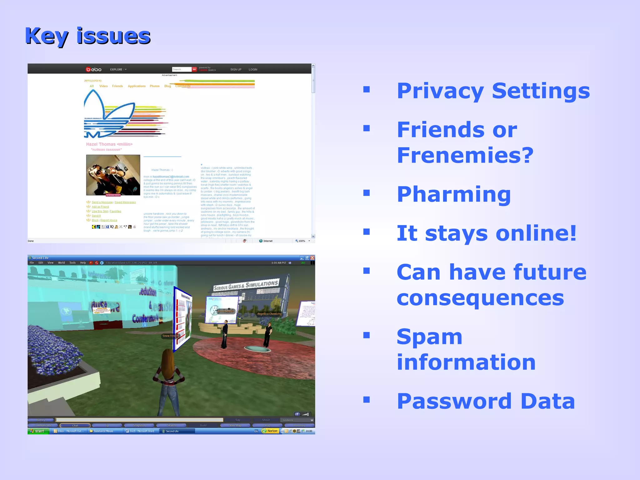 Key issues Privacy Settings Friends or Frenemies? Pharming It stays online! Can have future consequences Spam information Password Data 
