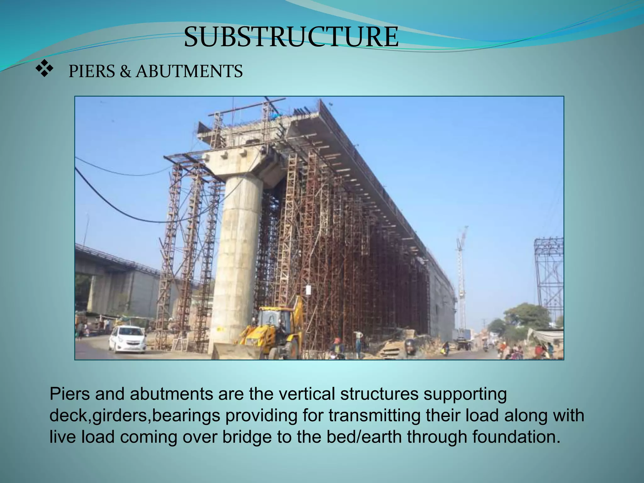 SUBSTRUCTURE
 PIERS & ABUTMENTS
Piers and abutments are the vertical structures supporting
deck,girders,bearings providing for transmitting their load along with
live load coming over bridge to the bed/earth through foundation.
 