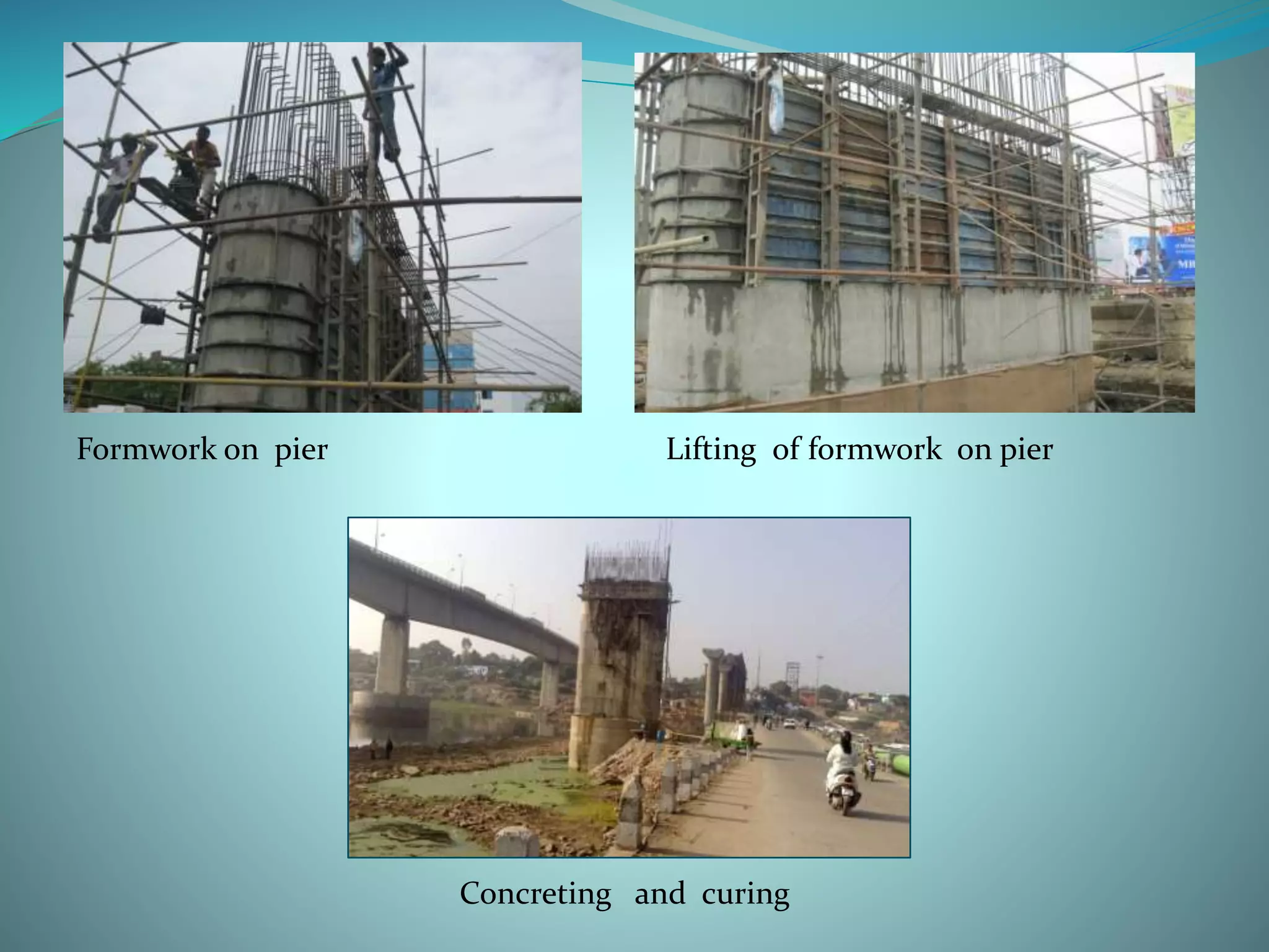 Formwork on pier Lifting of formwork on pier
Concreting and curing
 