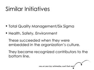 Similar Initiatives Total Quality Management/Six Sigma Health, Safety, Environment These succeeded when they were embedded in the organization’s culture.  They became recognized contributors to the bottom line. 