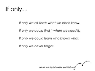 If only… If only we all knew what we each know. If only we could find it when we need it. If only we could learn who knows what. If only we never forgot. 