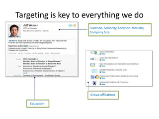 Targeting is key to everything we do
                    Function, Seniority, Location, Industry,
                    Company Size




                     Group affiliations

    Education
 