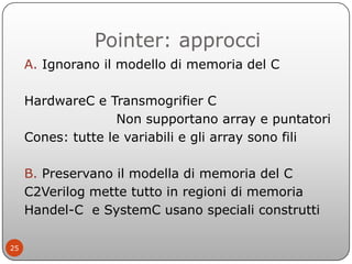 Pointer: approcci
     A. Ignorano il modello di memoria del C

     HardwareC e Transmogrifier C
                    Non ...