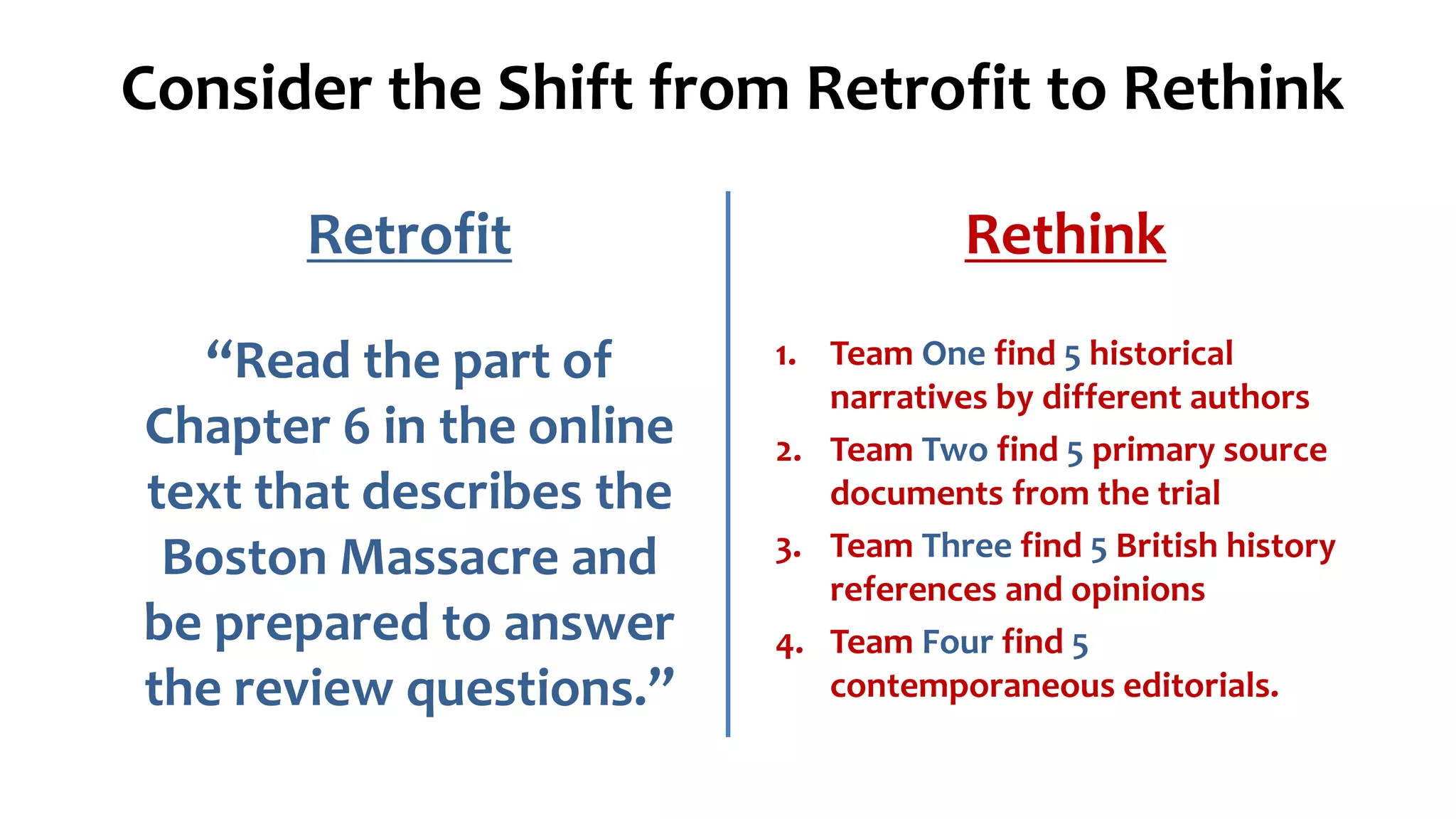 Consider the Shift from Retrofit to Rethink
Retrofit
“Read the part of
Chapter 6 in the online
text that describes the
Boston Massacre and
be prepared to answer
the review questions.”
Rethink
1. Team One find 5 historical
narratives by different authors
2. Team Two find 5 primary source
documents from the trial
3. Team Three find 5 British history
references and opinions
4. Team Four find 5
contemporaneous editorials.
 