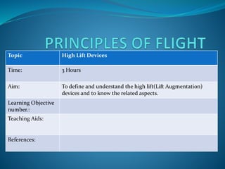Topic High Lift Devices
Time: 3 Hours
Aim: To define and understand the high lift(Lift Augmentation)
devices and to know the related aspects.
Learning Objective
number.:
Teaching Aids:
References:
 