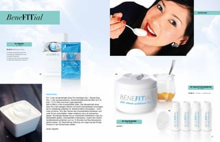 nUtrition



BeneFitial


            01 / Easy Pro
               Nr. 10500


23,20 € (6 beutel à 10,4 g)

•	enthält	probiotische	Kulturen
•	enthält	den	Ballaststoff	Inulin
•	enthält	Prebiotika
•	unterstüzt	die	humane	Darmflora
•	5	Milchsäurebakterien-Stämme




                                    01                                                                          02




                                                                                                                                                        03 / Easy Pro To Go Zubehör Set
                                                                                                                                                                    Nr. 10632


                                                                                                                                                     13,86 € (1 trichter + 4 Fläschchen)
                                         Zubereitung:
                                         Für	1	Liter	verzehrfertigen	Easy	Pro	benötigen	Sie:	1	Beutel	Easy	
                                         Pro,	1	Liter	raumtemperierte,	entrahmte/teilentrahmte	Milch	(0,3	%	
                                         Fett	/	1,5	%	Fett)	und	einen	Joghurtbereiter.
                                         500	ml	Milch	in	den	Innenbehälter	füllen.	Den	Beutelinhalt	eines	
                                         Easy	Pro	unter	stetigem	Rühren	mit	einem	Schneebesen	hinzufügen,	
                                         bis	er	vollständig	aufgelöst	ist.	Restliche	Milch	hinzugeben	–	noch-
                                         mals	umrühren.	Nun	den	Deckel	des	Innenbehälters	aufsetzen	und	                                        03
                                         unter	Druck	verschließen,	dabei	möglichst	viel	Luft	entweichen	
                                         lassen.	Kochendes	Wasser	bis	zur	markierten	Einfüllhöhe	in	den	Au-
                                         ßenbehälter	gießen,	Innenbehälter	hineinsetzen.	Zuletzt	den	Außen-
                                         behälterdeckel	aufsetzen	und	ca.	10	Stunden	bei	Raumtemperatur	
                                                                                                                       02 / Easy Pro Bereiter
                                         stehen	lassen.	Zur	Nachreifung,	Kühlung	und	Lagerung	das	fertige	                   Nr. 10629
                                         Produkt	in	den	Kühlschrank	stellen.	
                                                                                                                 34,30 €
                                         Guten Appetit!



66                                                                                                                                                                                         67
 