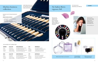 oDeR WäHLeN sie aUs                                                                                                      styLeN sie iHR                     blUebox

bluebox business                                               32 FeRtigeN DüFteN
                                                               iHReN FavoRiteN!
                                                                                                                                Sie haben Ihren                                         iNDiviDUeLLes PaRFUM


collection                                                                                                                      eigenen Stil

Sie können auch eine fertige Duftkomposition
wählen:

bluebox business collection:
                                                                                                                                Haben Sie Ihren                                                                         Alternativ können
•	 20 Damendüfte und 12 Herrendüfte für                                                                                         individuellen Duft                                                                      Sie sich Ihren individu-
   Sie zur Wahl                                                                                                                 gefunden, stylen                                                                        ellen Duft auch online
•	 Qualitätsdüfte, lange haltbar                                                                                                Sie Ihr einzigartiges                                                                   kreieren mittels
•	 kostbar dosiert mit 18% reinem Parfümöl                                                                                      Parfum – mit Flakon,                                                                    Konfigurator, der Sie
                                                                                                                                Pumpe und Kappe – mit                                                                   durch das gesamte
                                                                                                                                Hilfe der Kompositions-                                                                 Style-Programm führt.
                                                                                                                                Drehscheibe
                                                                                                                                                                                                                        www.my-bluebox.com




Die bLUebox DUFt-geNeaLogie

Women              QUalität               beSChreibUng                         typ         merkmale
Citrus             frisch-leicht          der belebende activity-Cocktail      sport       frisch-sportlich-spritzig
Floral             blumig-erlesen         die weibliche Kostbarkeit            tradition   extravagant-verführerisch-sinnlich
oriental           sinnlich-schwer        das unwiderstehliche sinnenelixier   Romantik    originell-gefühlvoll-betörend
Chypre             klassisch-elegant      das feminine Duftgeheimnis           business    charmant-faszinierend-edel



men                QUalität               beSChreibUng                         typ         merkmale
Citrus             frisch-leicht          der belebende activity-Cocktail      sport       frisch-sportlich-aromatisch
Woody              holzig-herb            die pure erfolgsessenz               tradition   herb-frisch-charismatisch                                                                        2 Pumpzerstäuber     Wählen Sie eine der 20
                                                                                                                                             Wählen Sie Ihren Flakon aus 20 Varianten
oriental           sinnlich-schwer        das unwiderstehliche sinnenelixier   Romantik    aromatisch-würzig-geheimnisvoll                                                                  stehen zur Auswahl   verschiedenen Kappen
Fougère            klassisch-elegant      die maskuline Klasse-aura            business    kultiviert-frisch-nobel


14                                                                                                                                                                                                                                                 15
 