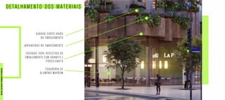 Perspectiva	Ilustrativa	da	Fachada	do	Empreendimento
GUARDA CORPO VIDRO
NO EMBASAMENTO
JARDINEIRAS NO EMBASAMENTO
FACHADA 100% REVESTIDA DO
EMBASAMENTO COM GRANITO E
PORCELANATO
ESQUADRIA DE
ALUMÍNIO MARROM
DETALHAMENTO DOS MATERIAIS
MATERIALEXCLUSIVODETREINAMENTODOCORRETOR.
 