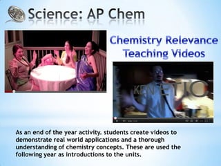 As an end of the year activity. students create videos to
demonstrate real world applications and a thorough
understanding of chemistry concepts. These are used the
following year as introductions to the units.
 