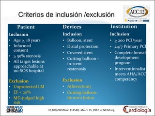 Criterios de inclusión /exclusión
C‐POR
Atlant
Inclusion and Exclusion Criteria 
Patient    Institution 
Inclusion 
• Balloon, stent 
• Distal protection 
• Covered stent 
• Cutting balloon ‐ 
in‐stent 
restenosis 
Exclusion 
• Atherectomy  
• Cutting balloon‐ 
de novo lesion 
Inclusion 
• > 200 PCI/year 
• 24/7 Primary PCI 
• Complete formal 
development 
program 
• Interventionalist 
meets AHA/ACC 
competency 
Inclusion 
• Age >  18 years 
• Informed 
consent 
• > 50% stenosis 
• All target lesions 
approachable at 
no‐SOS hospital 
Exclusion 
• Unprotected LM 
• EF < 20% 
• MD‐judged high 
risk 
Devices 
10.1056/NEJMoa1114540) March 25, 2012, at NEJM.org.
 