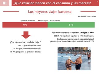 Los mayores viajan bastante
III
49% 51%
No ha viajado Si ha viajado
Por término medio se realizan 2 viajes al año
El 87% ha viajado en España y el 13% al extranjero.
En el caso de los mayores de clase social alta el
porcentaje de viajes al extranjero asciende hasta el 35%
¿Por qué no han podido viajar?
El 47% por motivos de salud
El 20% por problemas económicos
El 19% porque no le gusta salir de casa
Base personas de 65 años y más: 606
29
¿Qué relación tienen con el consumo y las marcas?
Durante el ultimo año…
 