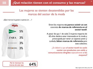 Las mujeres se sienten desatendidas por las
marcas del sector de la moda
III
Entre los mayores no parece existir un set
concreto de marcas de referencia en el
sector textil.
A pesar de que 1 de cada 2 mujeres mayores de
65 años declara estar interesada en la moda y
preocupada por tener un aspecto joven y
cuidado,faltan marcas de referencia para
este colectivo.
¿Se deberá a que el sector textil no suele
contar con productos con estilo y
comunicaciones dirigidas especialmente a los
mayores?
5%
3%
3%
64%
Moda
No le interesan las
marcas de este tipo
3%
Base mujeres de 65 años y más: 334
31
¿Qué relación tienen con el consumo y las marcas?
¿Qué marcas le gustan si piensa en …?
 
