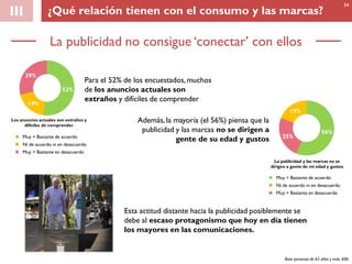 La publicidad no consigue ‘conectar’ con ellos
III
Para el 52% de los encuestados,muchos
de los anuncios actuales son
extraños y difíciles de comprender
Además,la mayoría (el 56%) piensa que la
publicidad y las marcas no se dirigen a
gente de su edad y gustos
52%
19%
29%
56%
25%
19%
Esta actitud distante hacia la publicidad posiblemente se
debe al escaso protagonismo que hoy en día tienen
los mayores en las comunicaciones.
Muy + Bastante de acuerdo
Muy + Bastante en desacuerdo
Ni de acuerdo ni en desacuerdo
Base personas de 65 años y más: 606
34
¿Qué relación tienen con el consumo y las marcas?
Los anuncios actuales son extraños y
difíciles de comprender
Muy + Bastante de acuerdo
Muy + Bastante en desacuerdo
Ni de acuerdo ni en desacuerdo
La publicidad y las marcas no se
dirigen a gente de mi edad y gustos
 