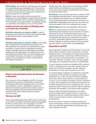 TÉCNICAS E DISPOSITIVOS DE RCP
     2005 (Antiga): Havia evidência insuficiente para recomendar    situação específica. Algumas técnicas alternativas de RCP
     uma carga bifásica para a cardioversão de TV monomórfica.      podem melhorar a hemodinâmica ou a sobrevivência no
     As Diretrizes da AHA 2005 para RCP e ACE recomendavam          curto prazo quando usadas por profissionais bem treinados
     o uso de um choque não sincronizado para o tratamento do       em pacientes selecionados.
     paciente instável com TV polimórfica.
                                                                    2010 (Nova): O soco precordial não deve ser usado em PCR
     Motivo: O grupo de autores concordou que seria útil            extra-hospitalar não presenciada. O soco precordial poderá
     acrescentar uma recomendação de carga bifásica às Diretrizes   ser considerado para pacientes com TV instável (inclusive
     da AHA 2010 para RCP e ACE no tocante à cardioversão de        TV sem pulso) presenciada e monitorizada se não houver um
     TV monomórfica, mas queria enfatizar a necessidade de tratar   desfibrilador imediatamente pronto para uso. No entanto, ele
     a TV polimórfica como instável e como um ritmo de PCR.         não deverá retardar a RCP nem a aplicação dos choques.
     Análise da forma de onda da fibrilação para                    2005 (Antiga): Não havia recomendações anteriormente.
     a previsão dos resultados
                                                                    Motivo: Em alguns estudos, há relatos de conversão de
                                                                    taquiarritmias ventriculares pelo soco precordial. No entanto,
     2010 (Sem alterações em relação a 2005): O valor da
     análise da forma de onda da FV para orientar a administração   duas séries de casos maiores demonstraram que o soco
     da desfibrilação durante a ressuscitação é incerto.            precordial não resultou em RCE nos casos de FV. O relato de
                                                                    complicações associadas ào soco precordial inclui fratura
     Estimulação                                                    do esterno, osteomielite, AVE/AVC e desencadeamento de
                                                                    arritmias malignas em adultos e crianças. O soco precordial
     2010 (Sem alterações em relação a 2005): A estimulação         não deve retardar o início da RCP ou da desfibrilação.
     não é rotineiramente recomendada para pacientes com
     PCR assistólica. Em pacientes com bradicardia com pulso        Dispositivos de RCP
     sintomática, é oportuno que os profissionais de saúde
     estejam preparados para iniciar estimulação transcutânea       Vários dispositivos mecânicos de RCP estiveram no centro de
     naqueles que não responderem aos medicamentos. Se a            ensaios clínicos recentes. O início do tratamento com esses
     estimulação transcutânea falhar, a provável indicação será     dispositivos (isto é, sua aplicação e seu posicionamento) tem
     a estimulação transvenosa, iniciada por um profissional        o potencial de retardar ou interromper a RCP da vítima de
     treinado e com experiência em acesso venoso central e          PCR e, portanto, os socorristas devem ser treinados - e, se
     estimulação intracardíaca.                                     necessário, treinados novamente - para minimizar qualquer
                                                                    interrupção das compressões torácicas ou da desfibrilação.
                                                                    O uso do dispositivo de limiar de impedância (DLI) melhorou
           TÉCNICAS E DISPOSITIVOS                                  o RCE e a sobrevivência no curto prazo quando usado em
                                                                    adultos com PCR extra-hospitalar, mas não melhorou a
                  DE RCP                                            sobrevivência no longo prazo de pacientes com PCR.
                                                                    Um ensaio aleatório, prospectivo e multicêntrico controlado
     Resumo dos principais pontos de discussão                      comparando a RCP com faixa de distribuição de carga
     e alterações                                                   (AutoPulse®) com a RCP manual em PCR extra-hospitalar
                                                                    demonstrou não ter havido melhoria na sobrevivência em
     Até o momento, nenhum dispositivo de RCP se mostrou            4 horas e um pior resultado neurológico quando o dispositivo
     consistentemente superior à RCP padrão convencional            foi usado. São necessários mais estudos para determinar se
     (manual) para o SBV extra-hospitalar, assim como nenhum        os fatores específicos ao local e a experiência com o uso do
     outro dispositivo, exceto o desfibrilador, proporcionou        dispositivo podem influenciar sua eficácia. Não há evidências
     melhoria consistente na sobrevivência de longo prazo em        suficientes que respaldem o uso rotineiro deste dispositivo.
     PCR extra-hospitalar. Esta parte das Diretrizes da AHA
     2010 para RCP e ACE contém resumos de ensaios                  Séries de casos empregando dispositivos com pistão
     clínicos recentes.                                             mecânico relatam graus variados de êxito. O uso de tais
                                                                    dispositivos pode ser considerado quando for difícil manter
     Técnicas de RCP                                                a RCP convencional (por exemplo, durante estudos
                                                                    de diagnóstico).
     Foram desenvolvidas alternativas à RCP manual convencional,
     em um esforço de melhorar a perfusão durante a ressuscitação   Para evitar atrasos e maximizar a eficiência, treinamento
     de PCR e a sobrevivência. Em comparação com a RCP              inicial, monitorização contínua e programas de retreinamento
     convencional, essas técnicas, normalmente, exigem mais         devem ser oferecidos regularmente aos profissionais que
     pessoal, treinamento e equipamento ou se aplicam a uma         usam dispositivos de RCP.




12   American Heart Association
 