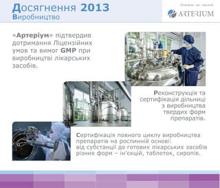 Досягнення 2013 
Виробництво 
«Артеріум» підтвердив 
дотримання Ліцензійних 
умов та вимог GMP при 
виробництві лікарських 
засобів. 
Реконструкція та 
сертифікація дільниці 
з виробництва 
твердих форм 
препаратів. 
Сертифікація повного циклу виробництва 
препаратів на рослинній основі: 
від субстанції до готових лікарських засобів 
різних форм – ін'єкцій, таблеток, сиропів. 
 