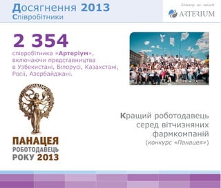 Досягнення 2013 
Співробітники 
співробітника «Артеріум», 
включаючи представництва 
в Узбекистані, Білорусі, Казахстані, 
Росії, Азербайджані. 
Кращий роботодавець 
серед вітчизняних 
фармкомпаній 
(конкурс «Панацея») 
2 354 
 