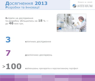 Досягнення 2013 
Розробки та інновації 
Витрати на дослідження 
та розробку збільшились на 18 % — 
до 46 млн грн. 
клінічн...