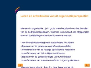 Leren en ontwikkelen vanuit organisatieperspectief Mensen in organisatie zijn in grote mate bepalend voor het behalen van de bedrijfsdoelstellingen. Vlasman introduceert een stappenplan om van doelstellingen naar functioneren te werken:  Van bedrijfsdoelstelling naar operationele resultaten Bepalen van de gewenste operationele resultaten Inventariseren van de huidige operationele resultaten Inventariseren van het huidige functioneren Bepalen van de gewenste wijze van functioneren Inventariseren van interne en externe omgevingsfactoren Vlasman werkt stap 4, 5 en 6 in haar boek verder uit.  