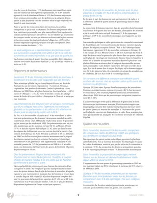 tous les types de fonctions : 12 % des hommes exprimant leurs opin-
ions en fonction de leur expérience personnelle, 16 % des hommes
agissant à titre de témoins oculaires et 10 % des hommes exprimant
leurs opinions personnelles sont des politiciens, la catégorie d’occu-
pation la plus populeuse chez les hommes selon le type respectif sous
lequel ils sont interviewés.
Pour ce qui est des trois autres types de fonctions, les schémas
changent en ce qui a trait aux femmes : les femmes s’exprimant selon
leur expérience personnelle sont plus susceptibles d’être représentées
comme parents/personnes au foyer (13 %); les femmes qui fournissent
des comptes rendus en tant que témoins oculaires sont le plus souvent
présentées comme de simples résidentes/villageoises (22 %); et les
femmes exprimant l’opinion populaire sont plus susceptibles d’être
décrites comme étudiantes (17 %).
La seule catégorie où la représentation des femmes en tant
que survivantes a augmenté entre 2005 et 2015 est celle des
survivantes de violence familiale, et ce, par plus de quatre fois.
Les femmes sont plus de quatre fois plus susceptibles d’être dépeintes
comme survivantes de violence familiale (27 %) qu’elles ne l’étaient il y
a dix ans (6 %).
Reporters et présentateurs
Seulement 37 % des histoires présentées dans les journaux, à
la télévision et à la radio sont rapportées par des femmes.
Cette statistique globale n’a pas changé depuis dix ans, en dépit des
fluctuations aux moyennes régionales de +7 points en Afrique, à
-6 points en Asie pendant la décennie. Durant la période de 15 ans
débutant en 2000, l’écart a le plus diminué en Amérique latine (+14 %),
suivie de l’Afrique (+11 %). Le reste du monde a connu des change-
ments de l’ordre d’un seul chiffre, à l’exception de l’Asie où le statu quo
s’est maintenu.
Les présentatrices à la télévision sont un peu plus nombreuses
que leurs collègues masculins. Cependant, les statistiques
globales sur les présentateurs à la radio et à la télévision se
situent juste en-deçà de la parité, soit à 49 %.
En fait, 41 % des nouvelles à la radio et 57 % des nouvelles à la télévi-
sion sont présentées par des femmes. La moyenne mondiale actuelle
constitue un retour à l’an 2000 et elle totalise deux points de pourcent-
age de moins que les résultats de 1995. Les présentatrices sont un peu
plus nombreuses que les hommes en Asie (58 %), au Moyen-Orient
(57 %) et dans les régions du Pacifique (52 %), alors que dans le reste
des régions les chiffres sont égaux ou juste en-deçà de la parité, à l’ex-
ception de l’Amérique du Nord. Pendant la période de 15 ans débutant
en 2000, les chiffres se sont plus ou moins maintenus dans la plupart
des régions, quoiqu’on observe certaines fluctuations. L’Amérique
latine ressort du lot, présentant une augmentation constante et con-
sidérable, passant de 29 % de présentatrices en 2000 à 44 % actuelle-
ment, une diminution de l’écart entre les genres de l’ordre de 15 points
de pourcentage en 15 ans.
Chez les présentateurs, les plus jeunes paraissant à la
télévision sont en majorité des femmes. Toutefois, le portrait
change de manière notable à 50 ans, alors que les hommes
commencent à dominer la scène.
La presqu’égalité des présentateurs sous chacune des catégories d’âge
consignées en 2010 a été remplacée par une surreprésentation déme-
surée des jeunes femmes dans le rôle de lectrices de nouvelles, à laquelle
s’ajoute la sous-représentation marquée chez les femmes se situant dans
la tranche d’âge de 50 à 64 ans (29 %) et leur disparition complète à 65
ans. Un peu moins de la moitié des reporters de 19 à 34 ans et 28 % des
reporters de 35 à 49 ans sont des femmes. À 65 ans et plus, les femmes
disparaissent également de l’écran en tant que reporters.
À titre de reporters de nouvelles, les femmes sont les plus
présentes à la radio (41 %) et les moins présentes dans la
presse écrite (35 %).
En dix ans, la part des femmes en tant que reporters à la radio et à
la télévision a chuté de quatre points de pourcentage dans les deux
médiums.
La proportion de femmes reporters dans les nouvelles chute fortement
sous le seuil de la parité dans tous les thèmes, à l’exception des sciences
et de la santé où le ratio est égal. Seulement 31 % des reportages
politiques et 39 % des nouvelles économiques sont rapportés par des
femmes.
Les nouvelles politiques et celles qui traitent de criminalité constituent
les deux thèmes où l’on trouve le moins de femmes reporters dans la
plupart des régions, exception faite de l’Asie et de l’Amérique latine.
Les femmes rapportent 30 % des nouvelles politiques en Afrique, 30
% en Europe, 27 % au Moyen-Orient et 28 % en Amérique du Nord. Il
s’agit des écarts entre les genres les plus élevés dans ces quatre régions
sur le plan des reportages en fonction des thèmes. Dans les Caraïbes, le
thème où le nombre de reporters masculins dépasse le plus leurs con-
génères féminines se situent dans la catégorie des nouvelles portant
sur la criminalité, où les femmes rapportent 28 % des nouvelles de ce
type. Il en va de même dans la région Pacifique, où les femmes rappor-
tent 36 % des histoires liées à la criminalité, et suivant les actualités sur
les célébrités, 28 % en Asie et 38 % en Amérique latine.
On constate une différence statistique considérable quant
au choix des sources chez les reporters selon qu’ils soient des
hommes ou des femmes.
Quelque 29 % des sujets figurant dans les reportages des journalistes
féminines sont des femmes, comparativement à 26 % chez les report-
ers masculins. Cette situation perpétue la tendance premièrement
observée en 2000, alors que les pourcentages atteignaient respective-
ment 24 et 18 %.
L’analyse statistique révèle que la différence de genre dans le choix
des sources est extrêmement marquée. Cette situation suggère que
des progrès pourraient être réalisés vers la réduction de l’écart entre
les genres quant aux sources des nouvelles, si l’écart entre les genres
sur le plan des reporters est diminué dans le cadre d’une stratégie plus
vaste qui rassemble un amalgame de conditions favorisant des objectifs
d’égalité.
Qualité des nouvelles
Dans l’ensemble, seulement 9 % des nouvelles comportent
des renvois aux cadres de référence relatifs aux politiques,
aux dimensions juridiques ou aux droits.
Les reportages de nature sociale ou juridique apportent la plus large
contribution (12 %) à la moyenne d’ensemble des reportages évoquant
les cadres de référence, suivis de près par les récits sur la criminalité et
la violence (10 %). La perspective des droits ne se manifeste que dans
8 % des reportages politiques et dans 7 % des nouvelles économiques.
Dans l’ensemble, la proportion des reportages mettant
l’accent sur les femmes est demeurée relativement stable
depuis 2000, se situant à 10 %.
L’augmentation de trois points de pourcentage constatée en 2010 ne
s’est pas matérialisée en 2015, réintégrant le statu quo de 10 % observé
en 2000 et en 2005.
Quelque 14 % des nouvelles présentées par les reporters
féminines sont principalement axées sur les femmes, en
comparaison avec 9 % des reportages chez leurs collègues
masculins.
Au cours des dix dernières années successives de monitorage, on
constate que la différence entre les genres s’est exacerbée.
GMMP 2015Who Makes the News? 2
 