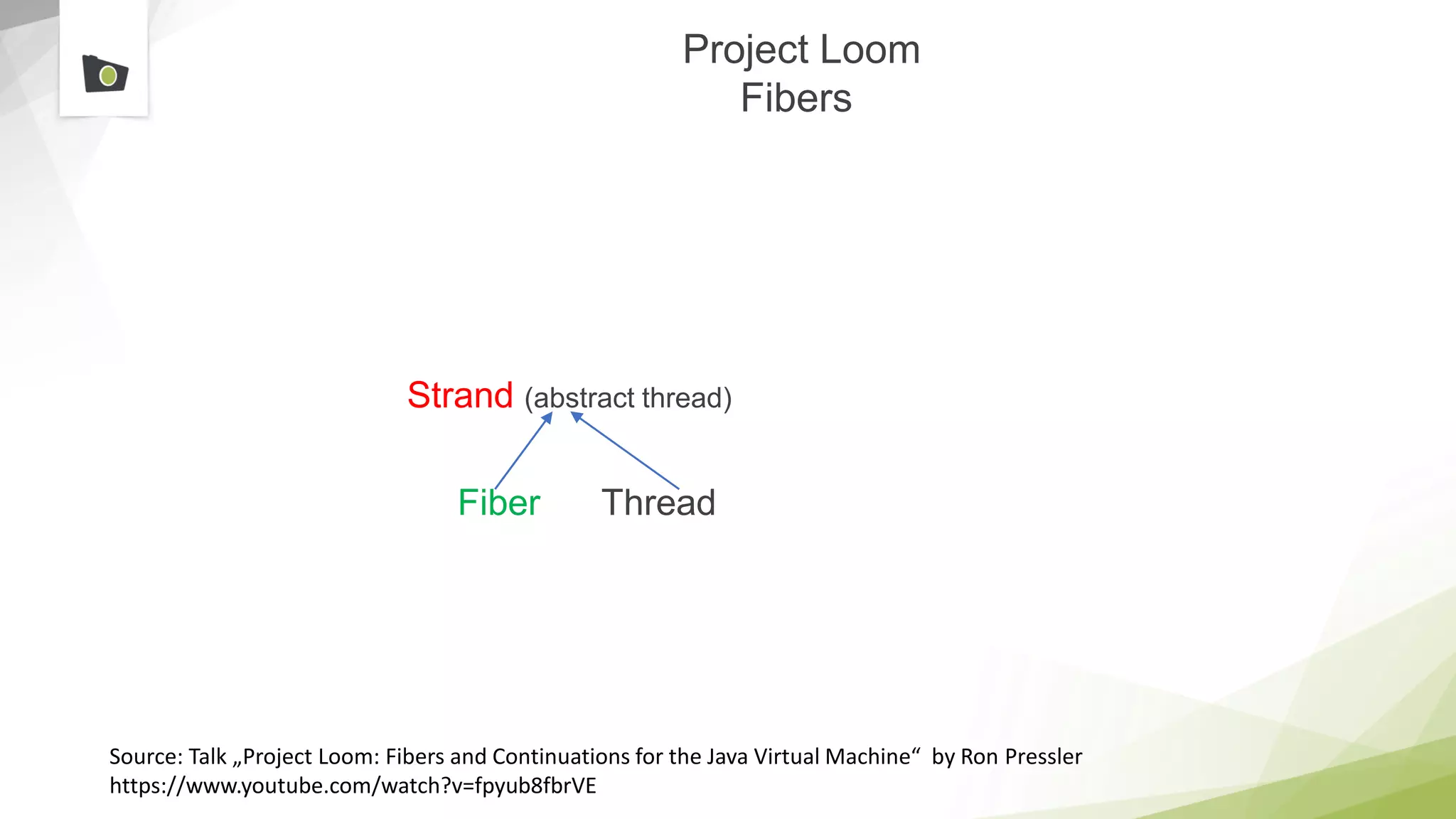 Project Loom
Fibers
Strand (abstract thread)
Fiber Thread
Source: Talk „Project Loom: Fibers and Continuations for the Java Virtual Machine“ by Ron Pressler
https://www.youtube.com/watch?v=fpyub8fbrVE
 