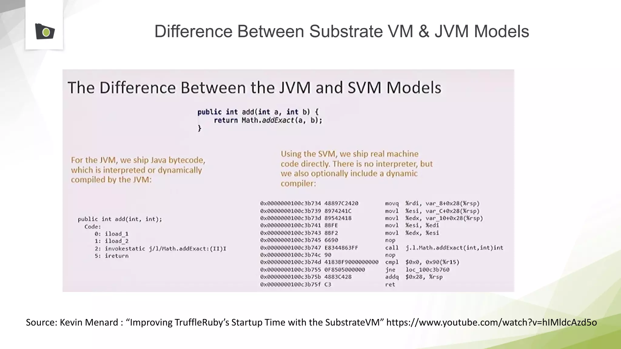 Difference Between Substrate VM & JVM Models
Source: Kevin Menard : “Improving TruffleRuby’s Startup Time with the SubstrateVM” https://www.youtube.com/watch?v=hIMldcAzd5o
 