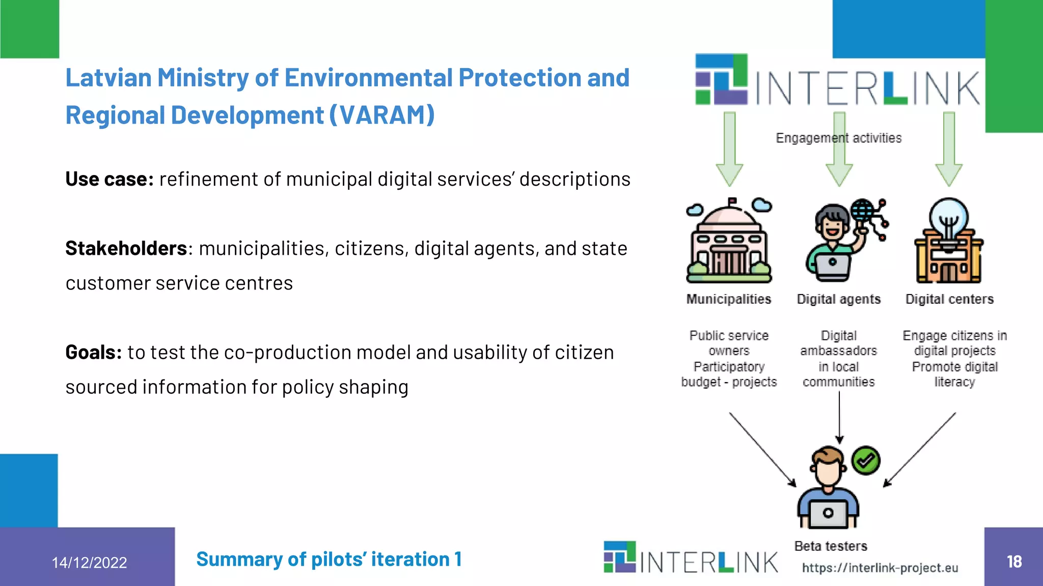 Summary of pilots’ iteration 1 18
14/12/2022
Latvian Ministry of Environmental Protection and
Regional Development (VARAM)
Use case: refinement of municipal digital services’ descriptions
Stakeholders: municipalities, citizens, digital agents, and state
customer service centres
Goals: to test the co-production model and usability of citizen
sourced information for policy shaping
 