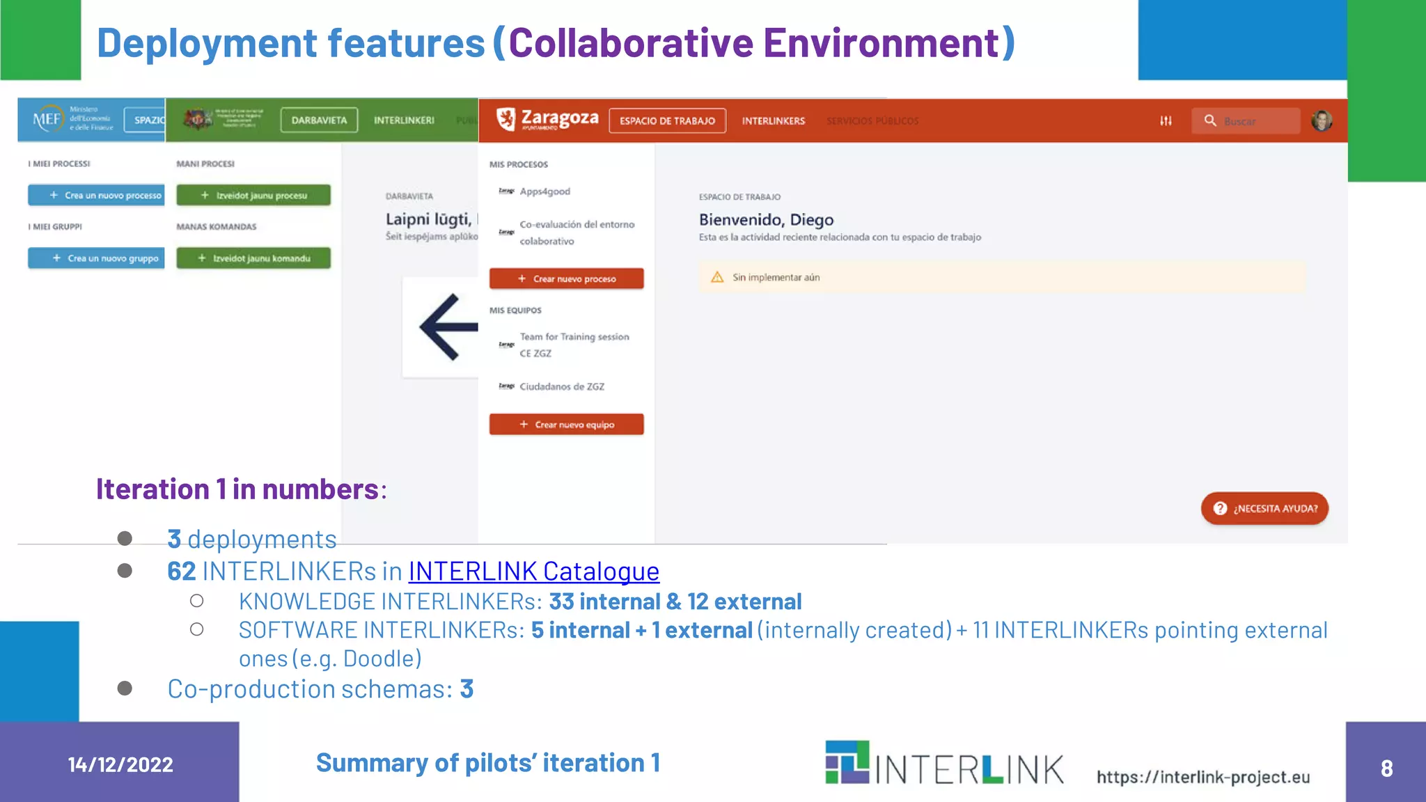 8
Deployment features (Collaborative Environment)
14/12/2022 Summary of pilots’ iteration 1
Iteration 1 in numbers:
● 3 deployments
● 62 INTERLINKERs in INTERLINK Catalogue
○ KNOWLEDGE INTERLINKERs: 33 internal & 12 external
○ SOFTWARE INTERLINKERs: 5 internal + 1 external (internally created) + 11 INTERLINKERs pointing external
ones (e.g. Doodle)
● Co-production schemas: 3
 