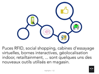 Puces RFID, social shopping, cabines d'essayage
virtuelles, bornes interactives, géolocalisation
indoor, retailtainment, ... sont quelques uns des
nouveaux outils utilisés en magasin.
Highlights – Q2
 