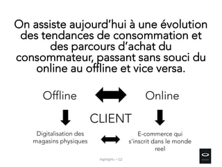 On assiste aujourd’hui à une évolution
des tendances de consommation et
des parcours d’achat du
consommateur, passant sans souci du
online au offline et vice versa.
Offline Online
Highlights – Q2
Digitalisation des
magasins physiques
E-commerce qui
s’inscrit dans le monde
reel
CLIENT
 