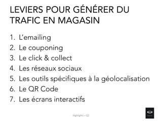 LEVIERS POUR GÉNÉRER DU
TRAFIC EN MAGASIN
1. L’emailing
2. Le couponing
3. Le click & collect
4. Les réseaux sociaux
5. Les outils spécifiques à la géolocalisation
6. Le QR Code
7. Les écrans interactifs
Highlights – Q2
 