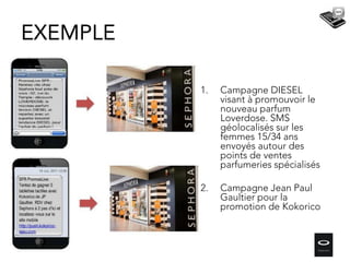 1. Campagne DIESEL
visant à promouvoir le
nouveau parfum
Loverdose. SMS
géolocalisés sur les
femmes 15/34 ans
envoyés autour des
points de ventes
parfumeries spécialisés
2. Campagne Jean Paul
Gaultier pour la
promotion de Kokorico
EXEMPLE
Highlights - Q1
 