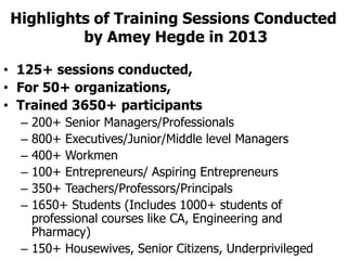 Highlights of Training Sessions Conducted
by Amey Hegde in 2013
• 125+ sessions conducted,
• For 50+ organizations,
• Trained 3650+ participants
200+ Senior Managers/Professionals
800+ Executives/Junior/Middle level Managers
400+ Workmen
100+ Entrepreneurs/ Aspiring Entrepreneurs
350+ Teachers/Professors/Principals
1650+ Students (Includes 1000+ students of
professional courses like CA, Engineering and
Pharmacy)
– 150+ Housewives, Senior Citizens, Underprivileged
–
–
–
–
–
–

 