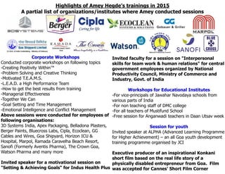 Highlights of Amey Hegde’s trainings in 2015
A partial list of organizations/institutes where Amey conducted sessions
Corporate Workshops
Conducted corporate workshops on following topics
-Creating Positivity Within™
-Problem Solving and Creative Thinking
-Motivated T.E.A.M.S.
-L.E.A.D. a High Performance Team
-How to get the best results from training
Invited faculty for a session on "Interpersonal
skills for team work & human relations" for central
government employees organized by National
Productivity Council, Ministry of Commerce and
Industry, Govt. of India
Workshops for Educational Institutes-How to get the best results from training
-Managerial Effectiveness
-Together We Can
-Goal Setting and Time Management
-Emotional Intelligence and Conflict Management
Above sessions were conducted for employees of
following organisations:
3D Systems India, Apex Packaging, Belladona Plasters,
Berger Paints, Bluecross Labs, Cipla, Ecoclean, GG
Cables and Wires, Goa Shipyard, Horizon ICU &
Hospital, Marpol, Ramada Caravelha Beach Resort,
Sanofi (Formerly Aventis Pharma), The Crown Goa,
Watson Pharma and many more
Invited speaker for a motivational session on
"Setting & Achieving Goals“ for Indus Health Plus
Workshops for Educational Institutes
-For vice-principals of Jawahar Navodaya schools from
various parts of India
-For non teaching staff of DMC college
-For all teachers of Mustifund School
-Free session for Anganwadi teachers in Daan Utsav week
Session for youth
Invited speaker at ALPHA (Advanced Learning Programme
for Higher Achievement) – an all Goa youth development
training programme organised by JCI
Executive producer of an inspirational Konkani
short film based on the real life story of a
physically disabled entrepreneur from Goa. Film
was accepted for Cannes’ Short Film Corner
 