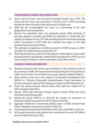 Highlights of Economic Survey of Delhi 2020-21 2
ENVIRONMENT & FOREST AND AGRICULTURE
11. Forest and tree cover area has b...