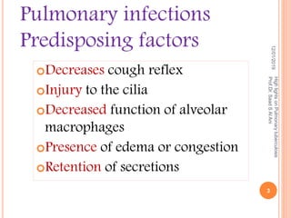 Decreases cough reflex
Injury to the cilia
Decreased function of alveolar
macrophages
Presence of edema or congestion
Retention of secretions
12/01/2019
HighlightsonPulmonarytuberculosis
Prof.Dr.SaadSAlAni
3
Pulmonary infections
Predisposing factors
 