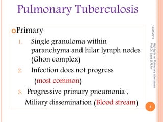 Primary
1. Single granuloma within
paranchyma and hilar lymph nodes
(Ghon complex)
2. Infection does not progress
(most common)
3. Progressive primary pneumonia ,
Miliary dissemination (Blood stream)
12/01/2019
HighlightsonPulmonarytuberculosis
Prof.Dr.SaadSAlAni
4
Pulmonary Tuberculosis
 