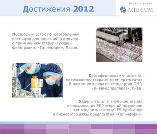 Достижения 2012


Построен участок по изготовлению
растворов для инъекций в ампулах
с применением стерилизующей
фильтрации...