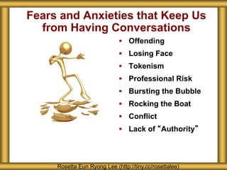 Fears and Anxieties that Keep Us
from Having Conversations
 Offending
 Losing Face
 Tokenism
 Professional Risk
 Bursting the Bubble
 Rocking the Boat
 Conflict
 Lack of “Authority”
Rosetta Eun Ryong Lee (http://tiny.cc/rosettalee)
 