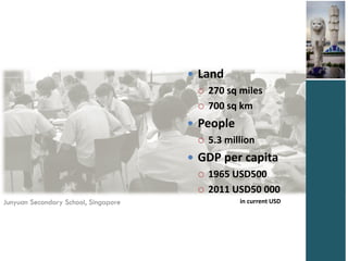  Land
                                         270 sq miles

                                         700 sq km

                                       People
                                         5.3 million

                                       GDP per capita
                                         1965 USD500

                                         2011 USD50 000
Junyuan Secondary School, Singapore              in current USD
 